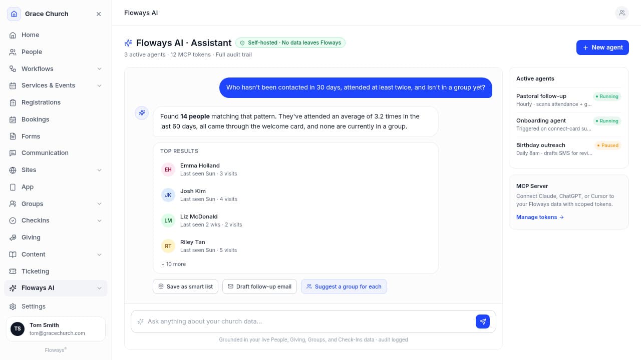 Floways AI Assistant answering a natural-language question with results grounded in live People data, plus active agents and an MCP server panel.