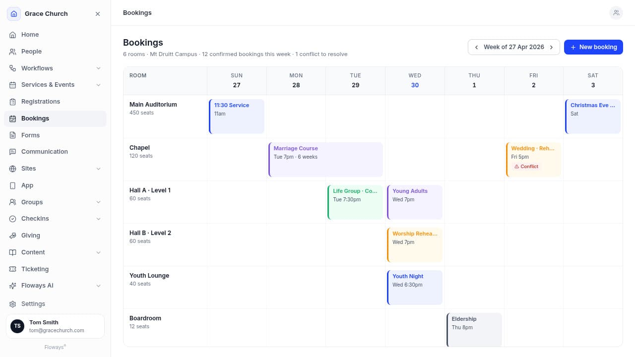 Floways Bookings - weekly room calendar across six rooms with colour-coded events and a flagged double-booking conflict.