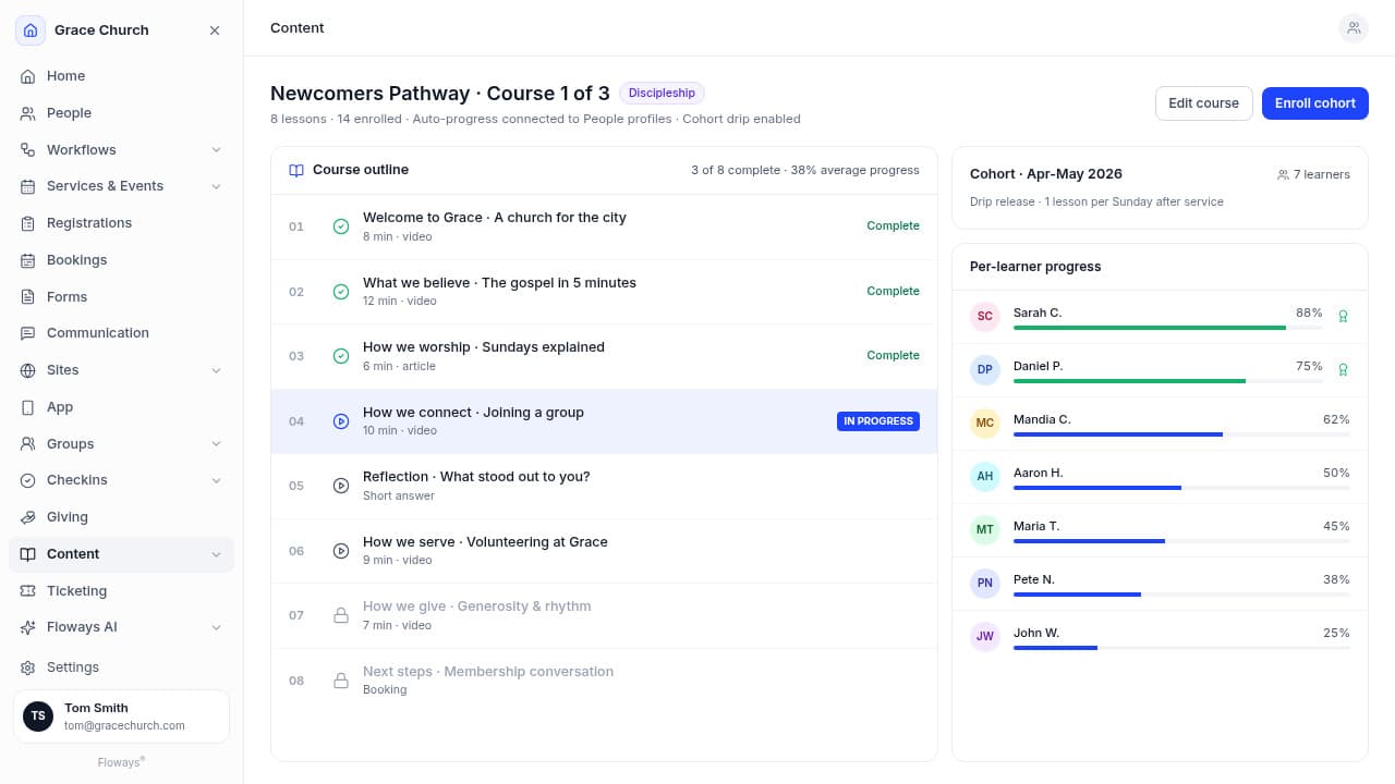 Floways Content - Newcomers Pathway course with an 8-lesson outline, completion states, and per-learner progress for the cohort.