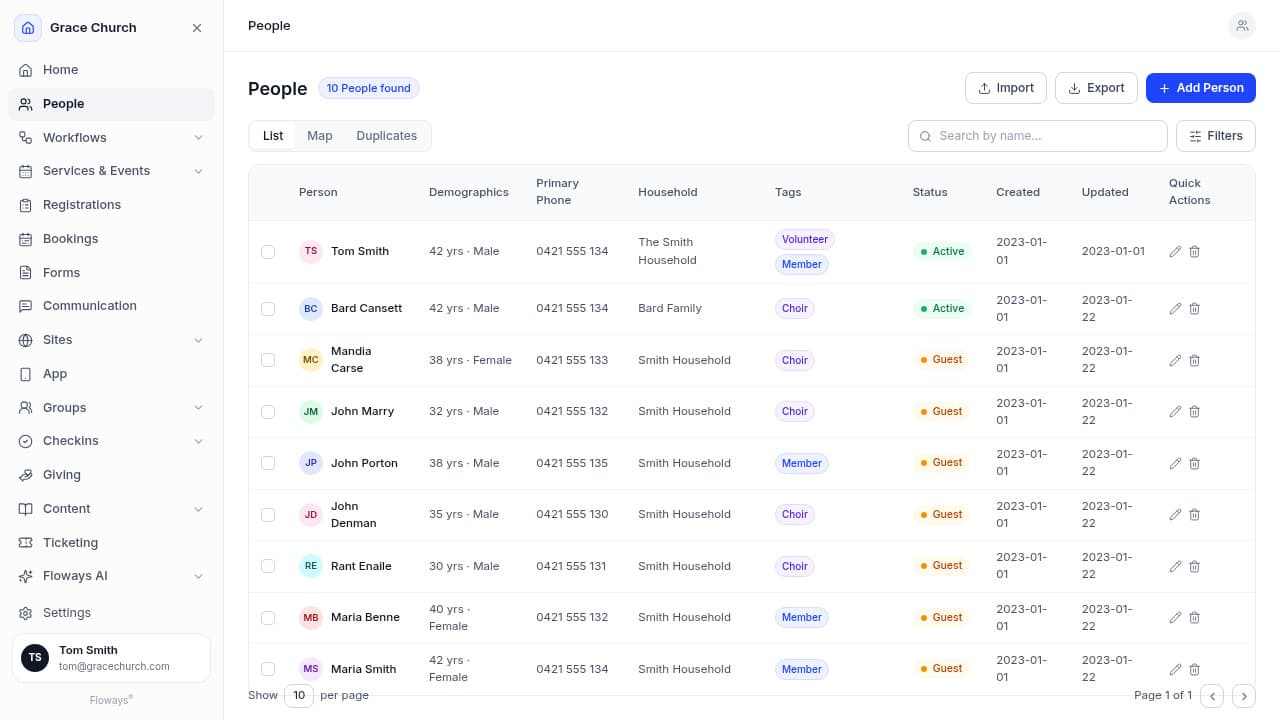 Floways People module - member directory list view with profiles, households, tags, and statuses.