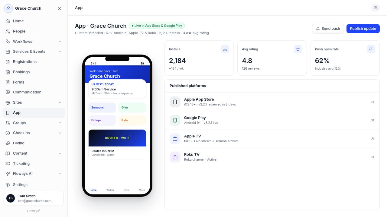 Floways App - branded church mobile app with installs, ratings, and live status across the Apple App Store, Google Play, Apple TV, and Roku.