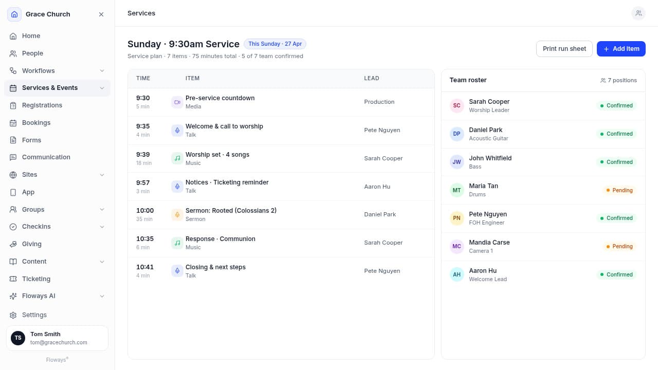 Floways Services - Sunday service plan with run-sheet items, timings, item leads, and the team roster with confirmation status.