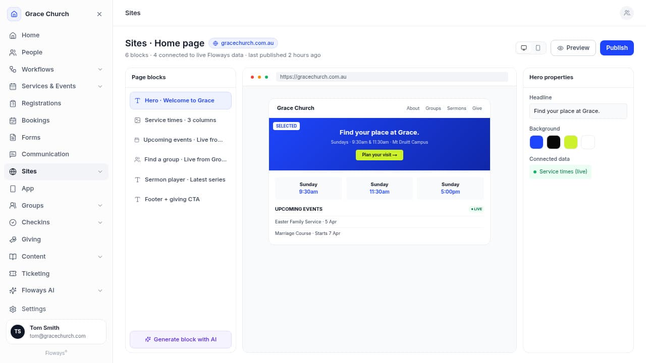 Floways Sites - drag-and-drop page builder with a live preview pulling service times and upcoming events directly from Floways data.