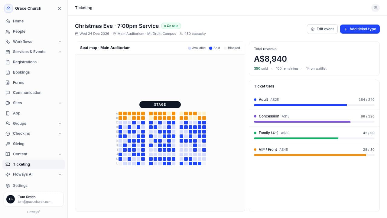 Floways Ticketing - large-event seat map with sold and available seats, ticket tiers, and total revenue.